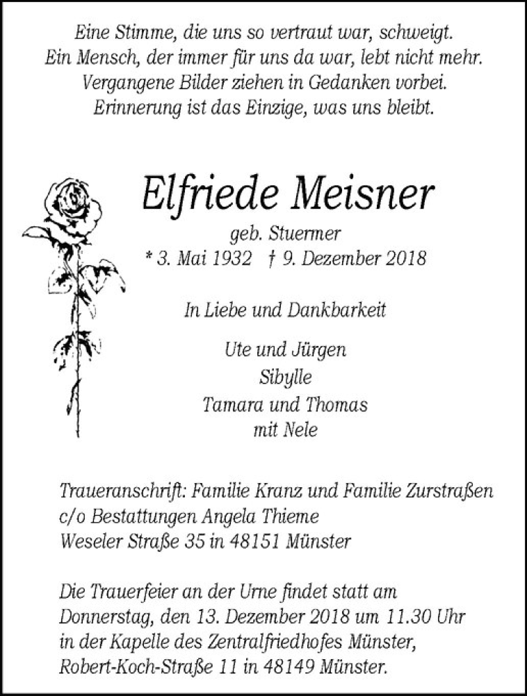  Traueranzeige für Elfriede Meisner vom 12.12.2018 aus Westfälische Nachrichten