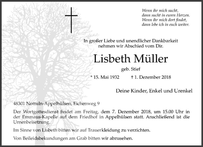  Traueranzeige für Lisbeth Müller vom 04.12.2018 aus Westfälische Nachrichten