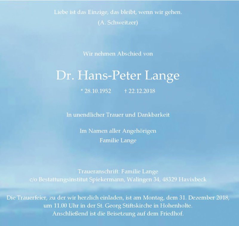 Traueranzeige für Hans-Peter Lange vom 28.12.2018 aus Westfälische Nachrichten