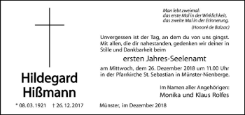 Anzeige von Hildegard Hißmann von Westfälische Nachrichten