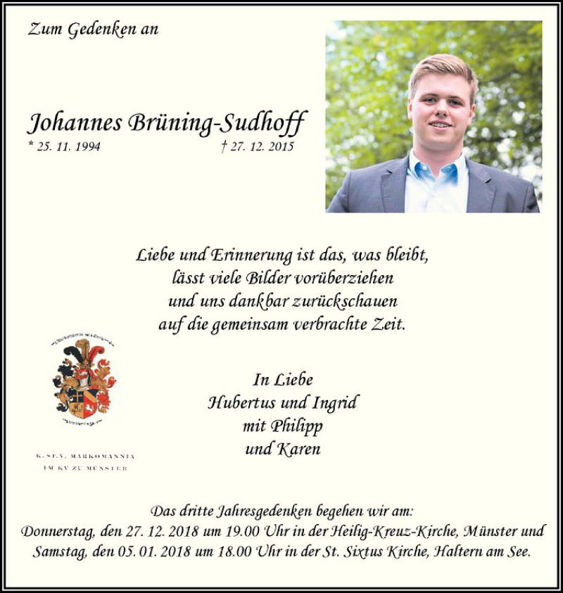  Traueranzeige für Johannes Brüning-Sudhoff vom 24.12.2018 aus Westfälische Nachrichten