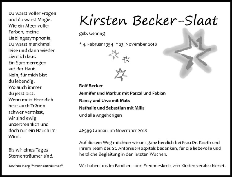  Traueranzeige für Kirsten Becker-Slaat vom 08.12.2018 aus Westfälische Nachrichten