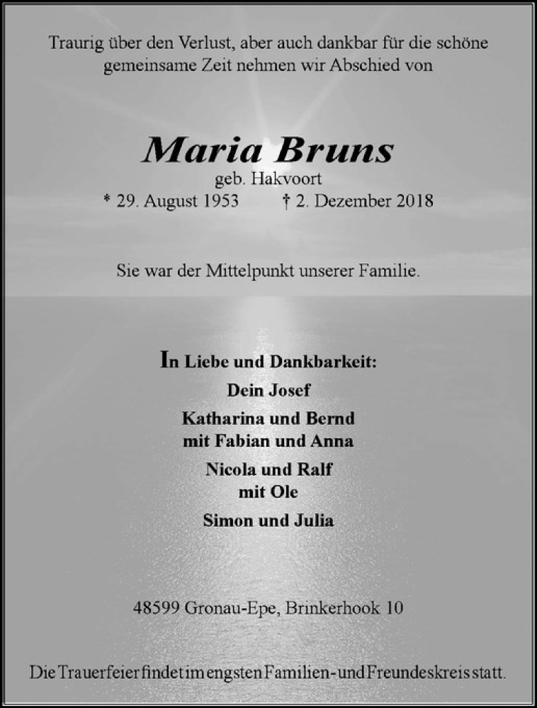 Traueranzeige für Maria Bruns vom 05.12.2018 aus Westfälische Nachrichten