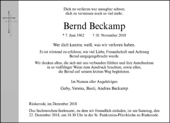 Anzeige von Bernd Beckamp von Westfälische Nachrichten