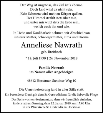 Anzeige von Anneliese Nawrath von Westfälische Nachrichten