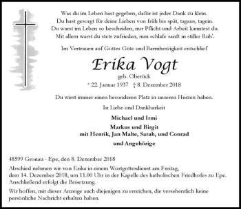Anzeige von Erika Vogt von Westfälische Nachrichten