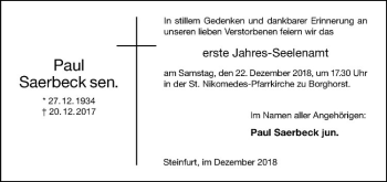 Anzeige von Paul Saerbeck von Westfälische Nachrichten