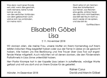Anzeige von Elisabeth Göbel von Westfälische Nachrichten
