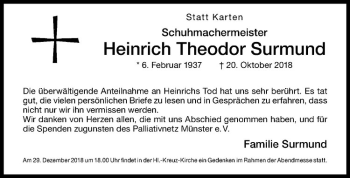 Anzeige von Heinrich Theodor Surmund von Westfälische Nachrichten