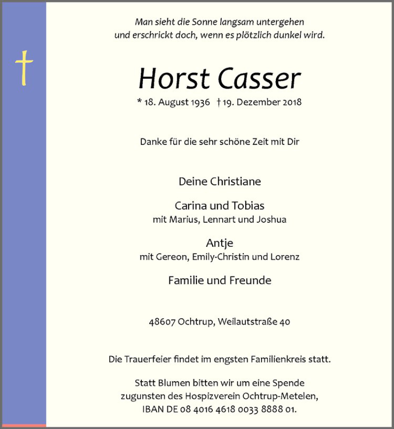  Traueranzeige für Horst Casser vom 22.12.2018 aus Westfälische Nachrichten