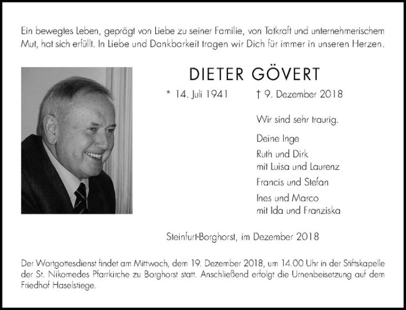  Traueranzeige für Dieter Gövert vom 15.12.2018 aus Westfälische Nachrichten
