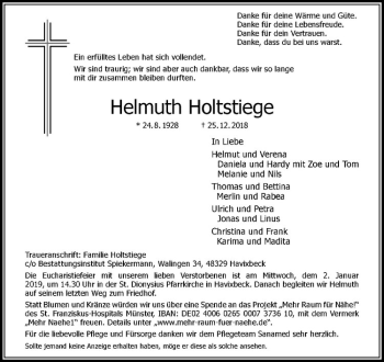 Anzeige von Helmuth Holtstiege von Westfälische Nachrichten