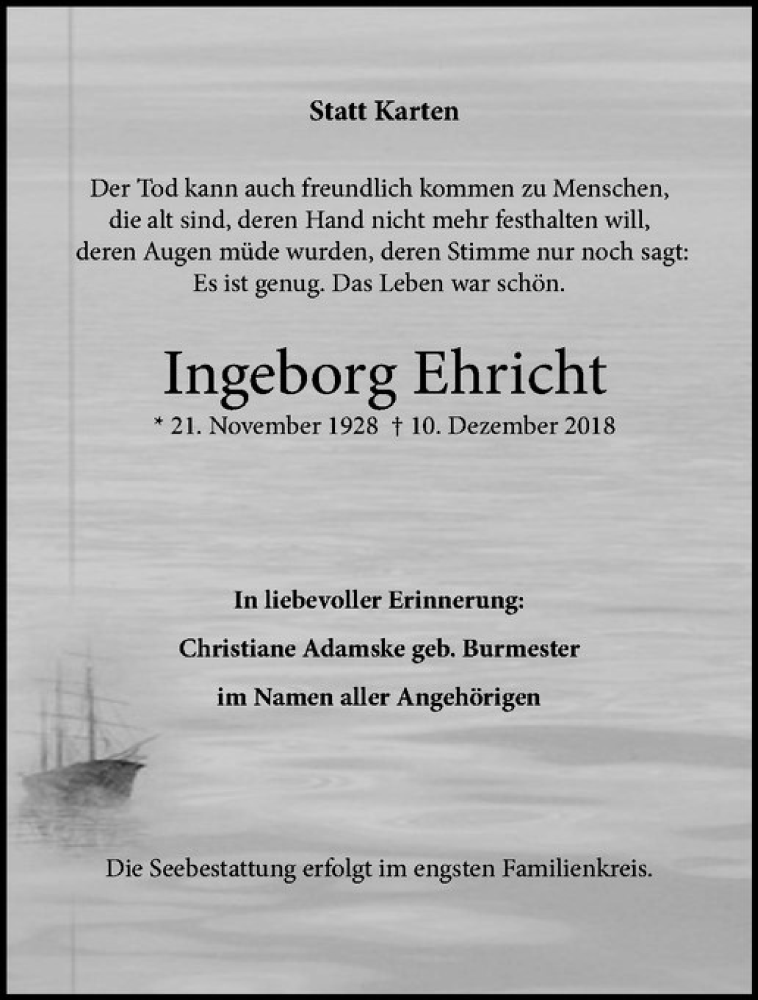  Traueranzeige für Ingeborg Ehricht vom 15.12.2018 aus Westfälische Nachrichten