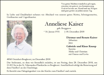 Anzeige von Anneliese Kaiser von Westfälische Nachrichten