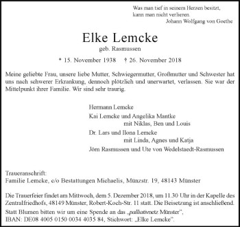Anzeige von Elke Lemcke von Westfälische Nachrichten