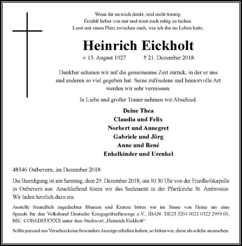  Traueranzeige für Heinrich Eickholt vom 28.12.2018 aus Westfälische Nachrichten