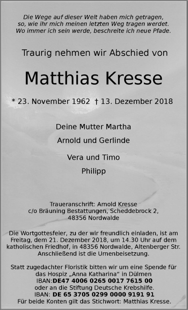  Traueranzeige für Matthias Kresse vom 17.12.2018 aus Westfälische Nachrichten