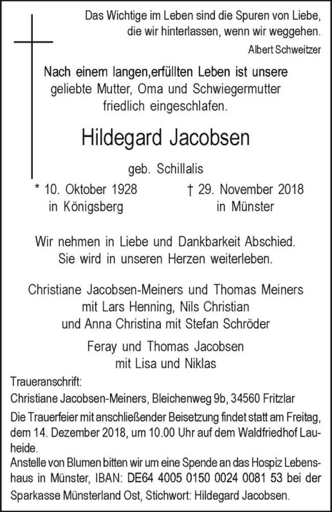  Traueranzeige für Hildegard Jacobsen vom 08.12.2018 aus Westfälische Nachrichten