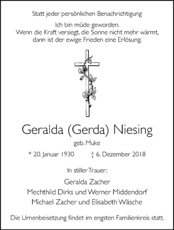 Anzeige von Geralda Niesing von Westfälische Nachrichten
