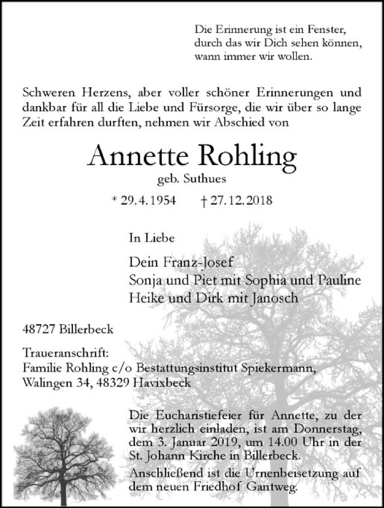  Traueranzeige für Annette Rohling vom 31.12.2018 aus Westfälische Nachrichten