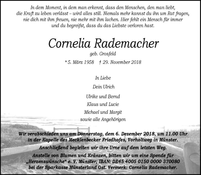  Traueranzeige für Cornelia Rademacher vom 05.12.2018 aus Westfälische Nachrichten