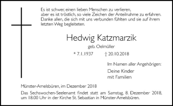 Anzeige von Hedwig Katzmarzik von Westfälische Nachrichten