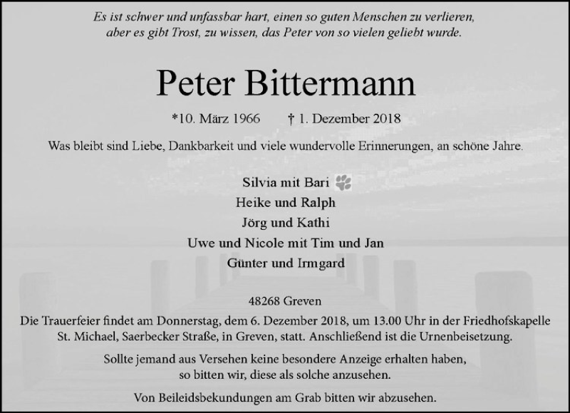  Traueranzeige für Peter Bittermann vom 05.12.2018 aus Westfälische Nachrichten
