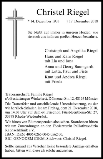 Anzeige von Christel Riegel von Westfälische Nachrichten