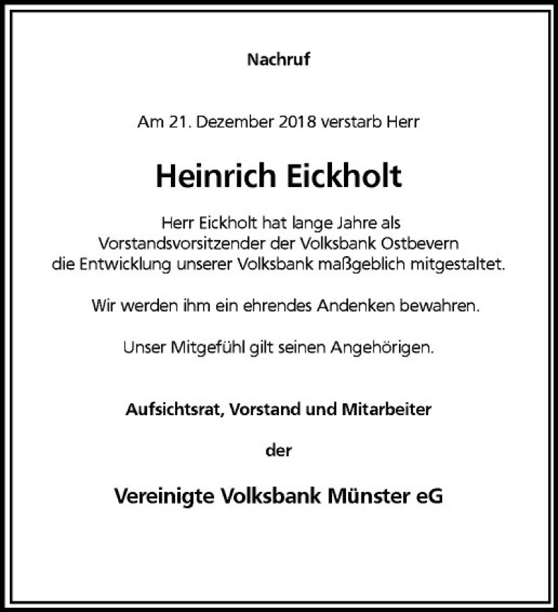  Traueranzeige für Heinrich Eickholt vom 29.12.2018 aus Westfälische Nachrichten