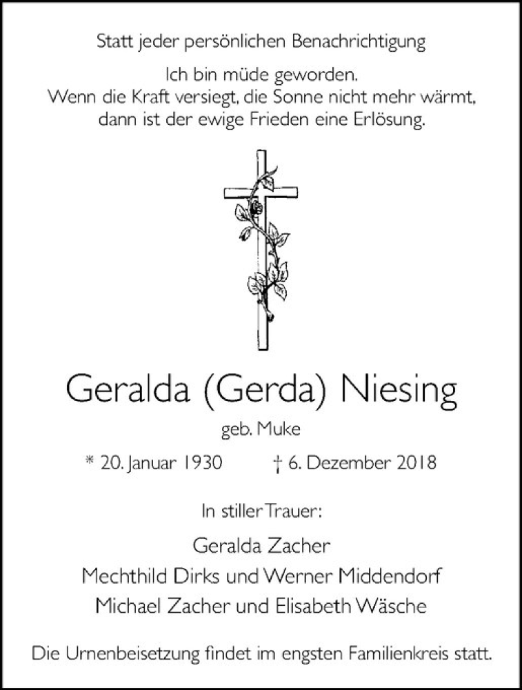  Traueranzeige für Geralda Niesing vom 08.12.2018 aus Westfälische Nachrichten