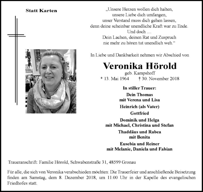  Traueranzeige für Veronika Hörold vom 05.12.2018 aus Westfälische Nachrichten