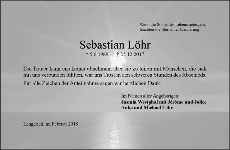  Traueranzeige für Sebastian Löhr vom 10.02.2018 aus Westfälische Nachrichten