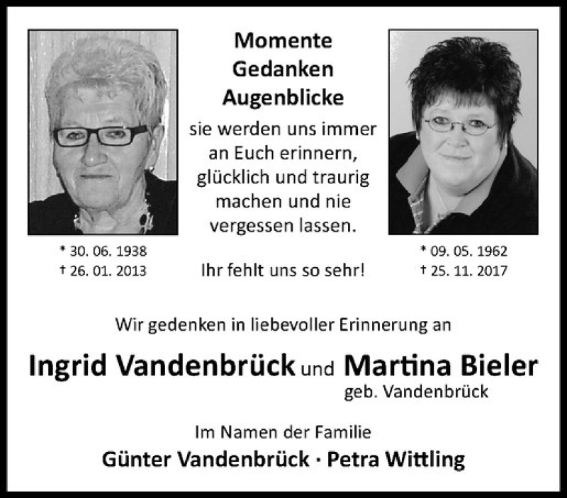  Traueranzeige für Ingrid Vandenbrück vom 26.01.2018 aus Westfälische Nachrichten