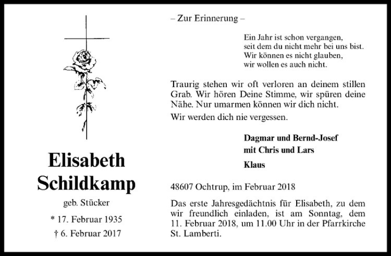  Traueranzeige für Elisabeth Schildkamp vom 07.02.2018 aus Westfälische Nachrichten