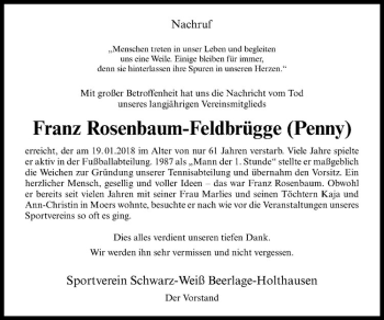 Anzeige von Franz Rosenbaum-Feldbrügge von Westfälische Nachrichten