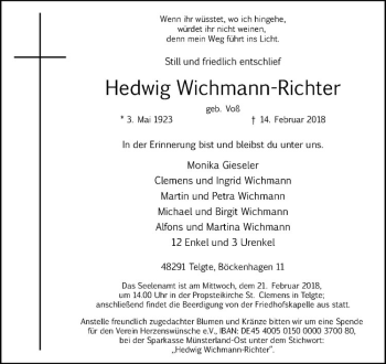 Anzeige von Hedwig Wichmann-Richter von Westfälische Nachrichten