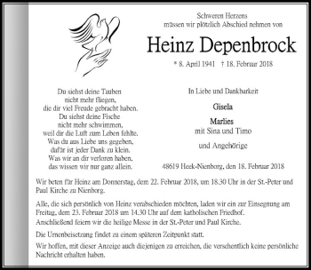 Anzeige von Heinz Depenbrock von Westfälische Nachrichten