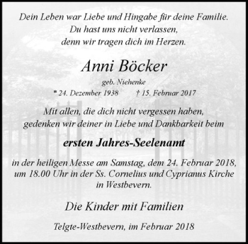 Anzeige von Anni Böcker von Westfälische Nachrichten