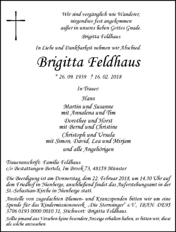 Anzeige von Brigitta Feldhaus von Westfälische Nachrichten