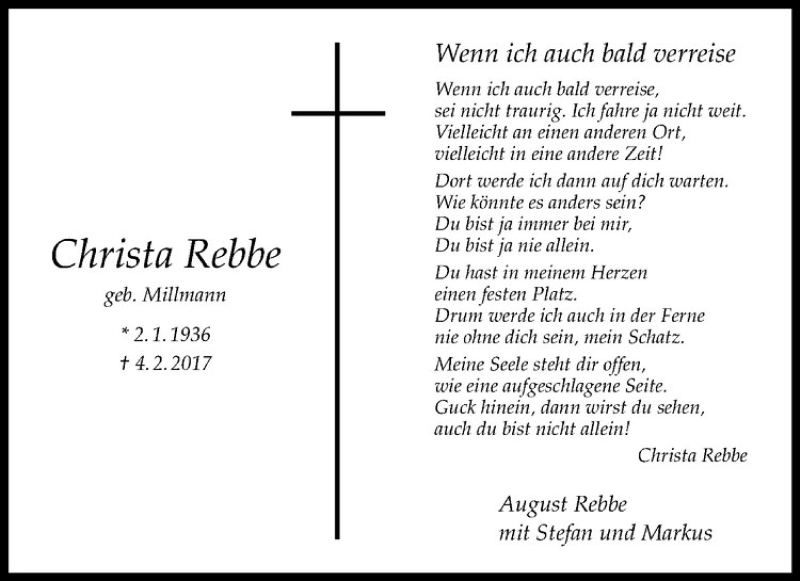 Traueranzeige für Christa Rebbe vom 04.03.2017 aus Westfälische Nachrichten