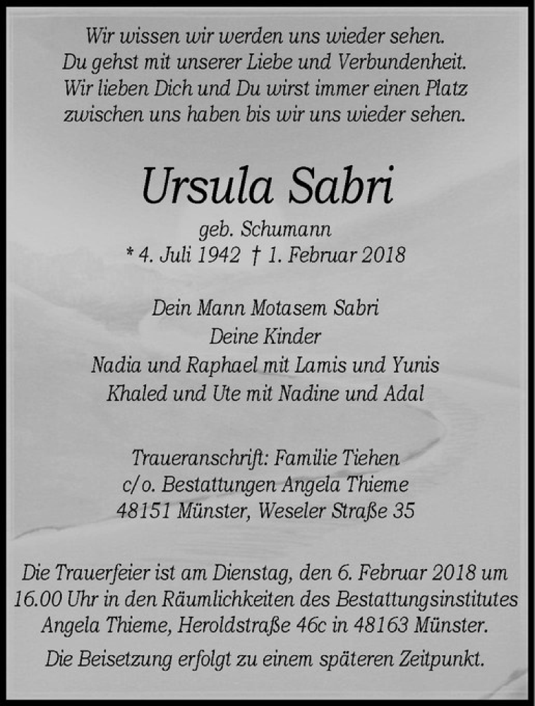  Traueranzeige für Ursula Sabri vom 03.02.2018 aus Westfälische Nachrichten
