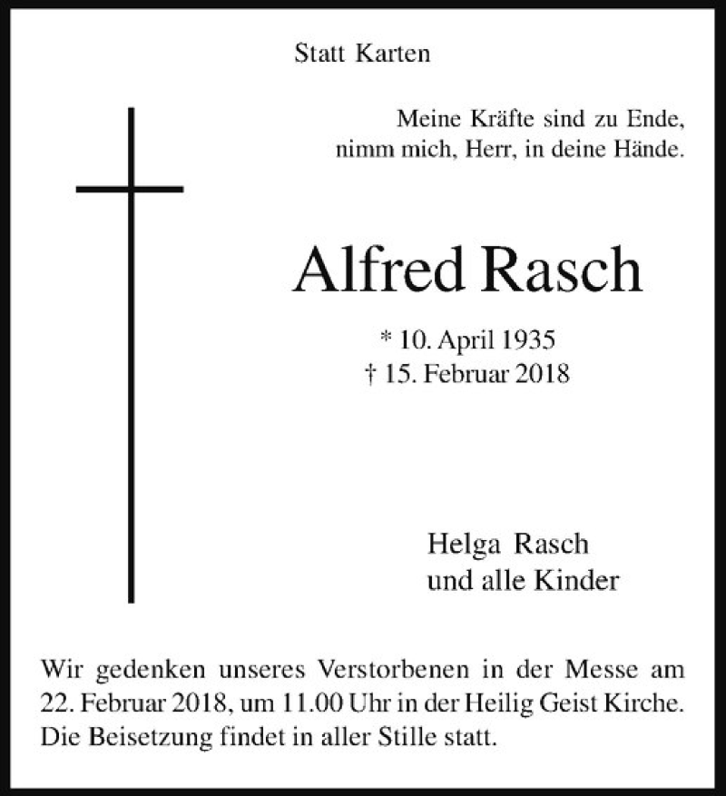  Traueranzeige für Alfred Rasch vom 17.02.2018 aus Westfälische Nachrichten