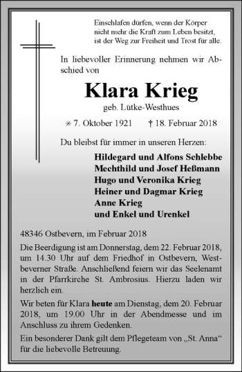 Anzeige von Klara Krieg von Westfälische Nachrichten