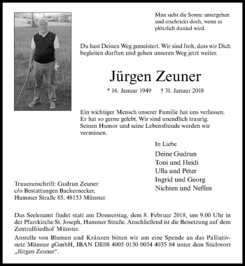 Anzeige von Jürgen Zeuner von Westfälische Nachrichten