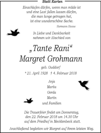 Anzeige von Margret Grohmann von Westfälische Nachrichten
