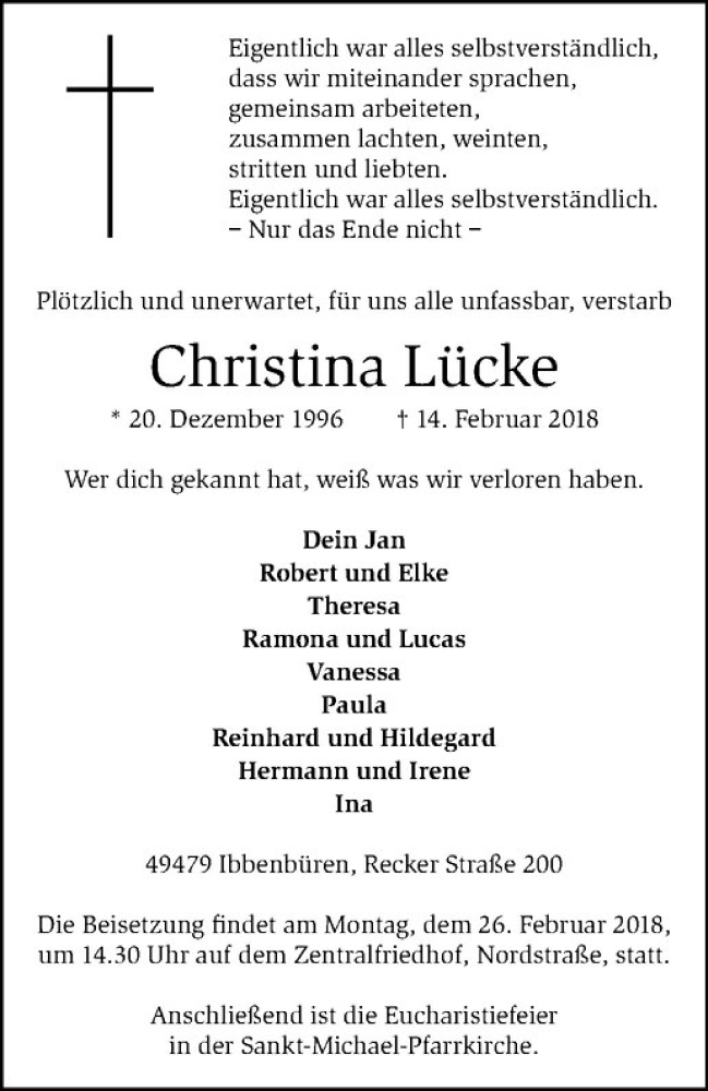 Traueranzeige für Christina Lücke vom 21.02.2018 aus Westfälische Nachrichten