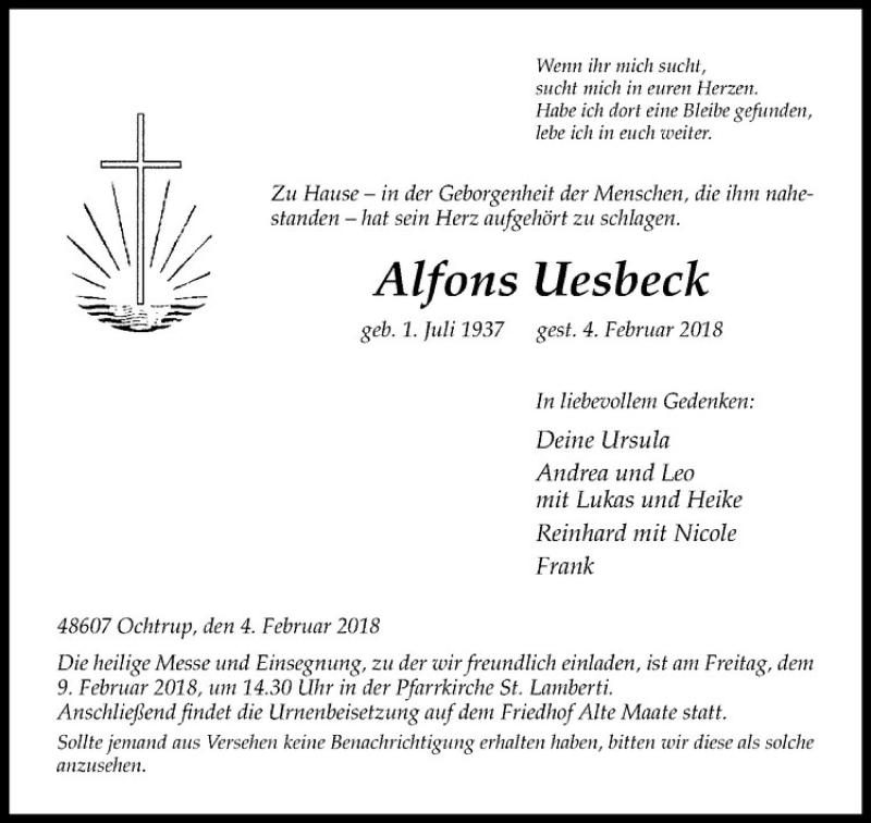  Traueranzeige für Alfons Uesbeck vom 06.02.2018 aus Westfälische Nachrichten