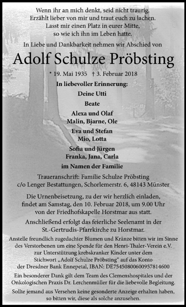  Traueranzeige für Adolf Schulze Pröbsting vom 07.02.2018 aus Westfälische Nachrichten