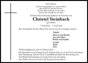 Anzeige von Christel Steinbach von Westfälische Nachrichten