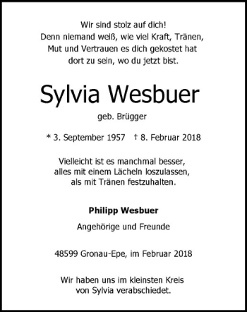 Anzeige von Sylvia Wesbuer von Westfälische Nachrichten
